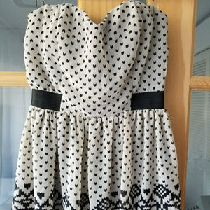 strapless Modcloth floral sweetheart dress w/ heart polka dot print